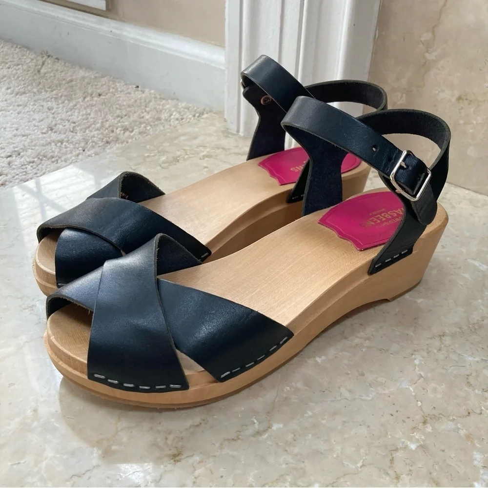 NEW Swedish Hasbeens Mirja Debutant Clog Leather Sandal Heels in Black, Size 36